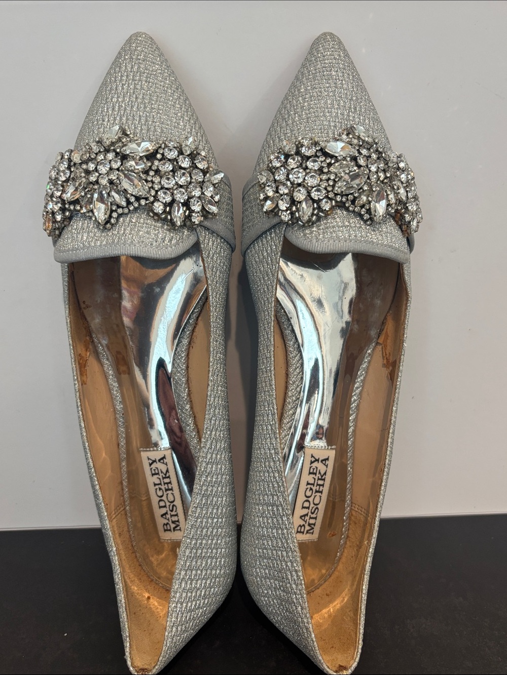 Badgley Mischka Silver Crystal-Embellished Pointed Flats sz 7.5
